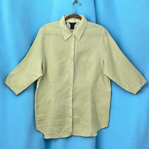E-Col-O-Gie Irish Linen Button Down Shirt 3/4 Sleeve Woman 1X‎ Green Lagenlook